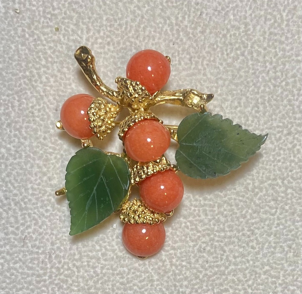 AUTHENTIC SWOBODA FLOWER BROOCH ~ CORAL, JADE ~ BEAUTIFUL!