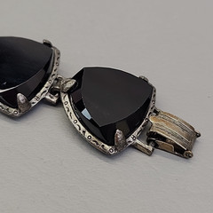 Vintage Bracelet Black Onyx Stone Linked Faceted Chunky Panel Silver Tone 7″