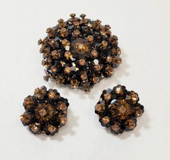 Vintage Brown Crystal Rivoli Beads Brown Rhinestone Cluster Brooch & Earrings