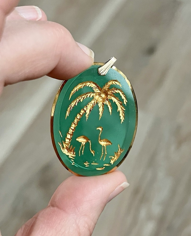VTG Palm Tree Pendant Green Glass Gold Tropical Retro For Germany