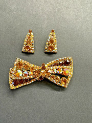 Vintage 1960s Amber & Topaz Rhinestone Bow Brooch and Clip-On Earrings Set