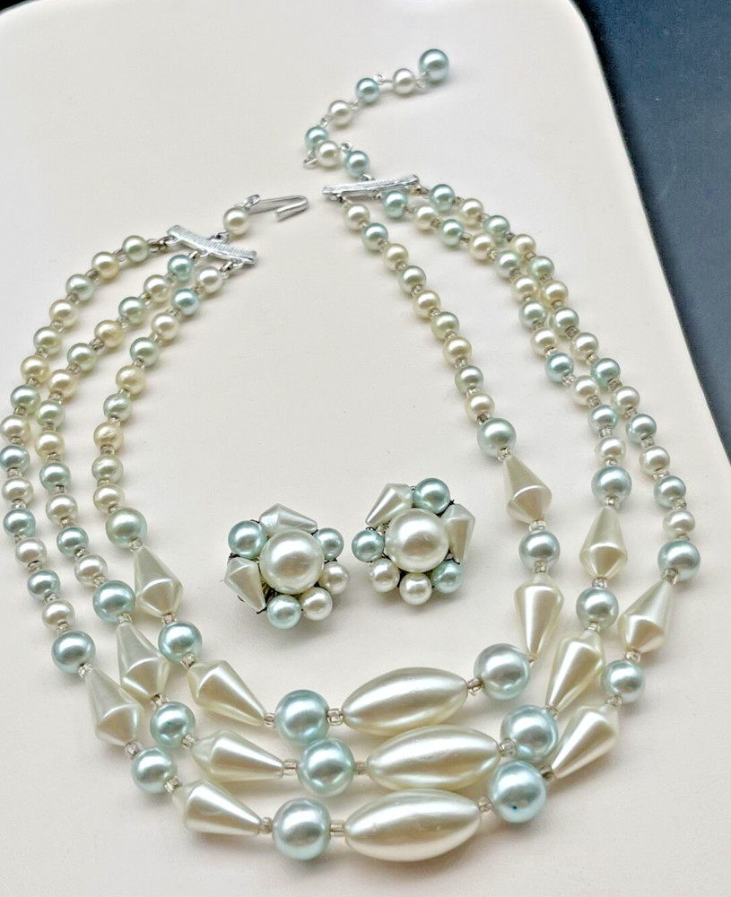 Vintage 3 Strand Pastel Blue Pearl Choker Necklace & Cluster Bead Earrings Set