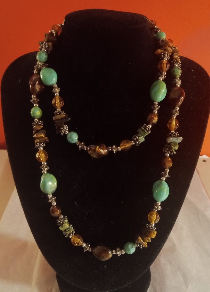 Vintage Boho Style Beaded Necklace Amber, Turquoise,Brown Colored Beads 29in