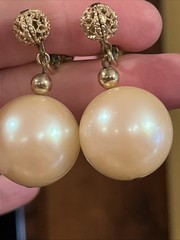 Vintage Napier Huge Pearl Cabochon Filigree Gold Dangle Drop Clip On Earrings