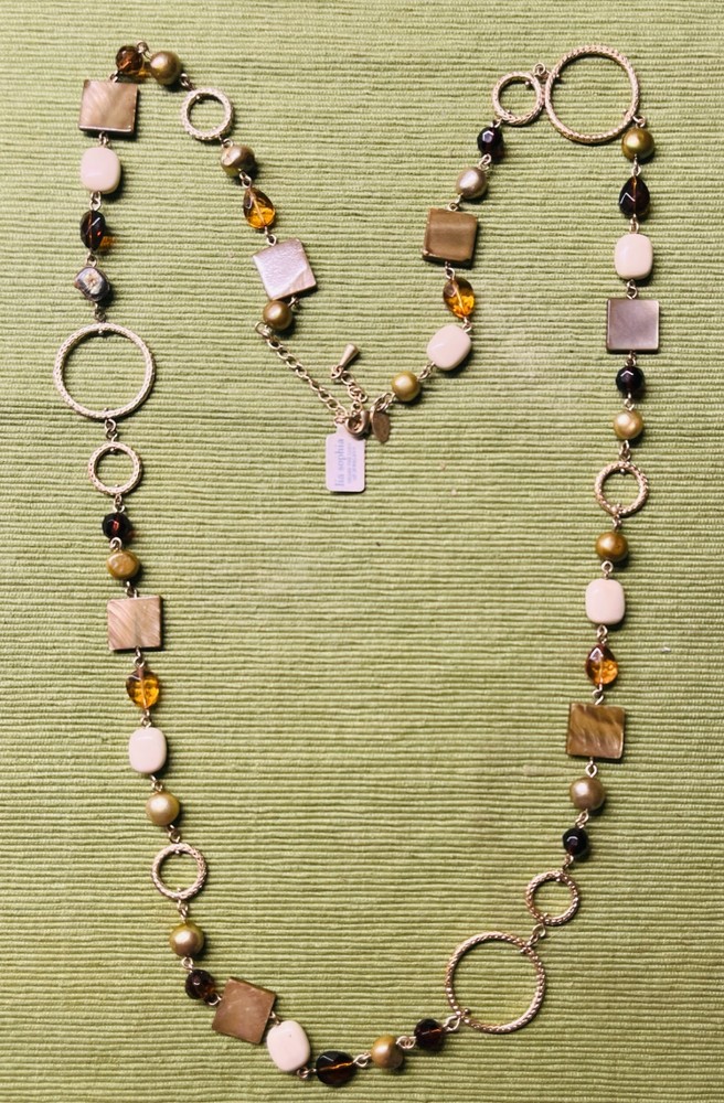 Lia Sophia Cipriani Necklace Long Mother of Pearl MOP Glass Beads Amber Gold