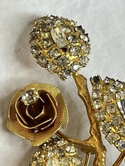 Vintage Flower Brooch with Rhinestone Leaves