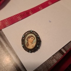 Antique 800 silver miniature portrait painting oval pendant pin turquoise beads