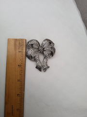 Vintage KC Silvertone Marcasite And Small Clear Rhinestones Ribbon Bow Brooch