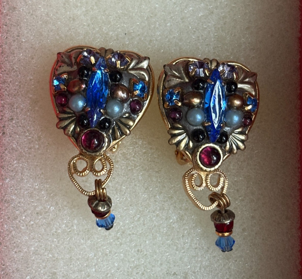 Michal Golan Earrings Clip On Heart Drop Dangle Gold Tone Byzantine Style Mosaic