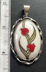 Vintage 925 Sterling Silver Hand Painted Porcelain Floral Pendant 14.84g Oval