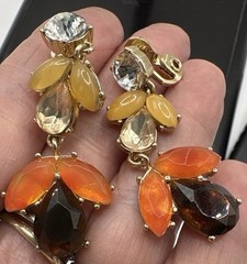 JJG Vtg Clip Dangle Earrings Rhinestone Leaf Drop MCM Mark Beautiful Unique