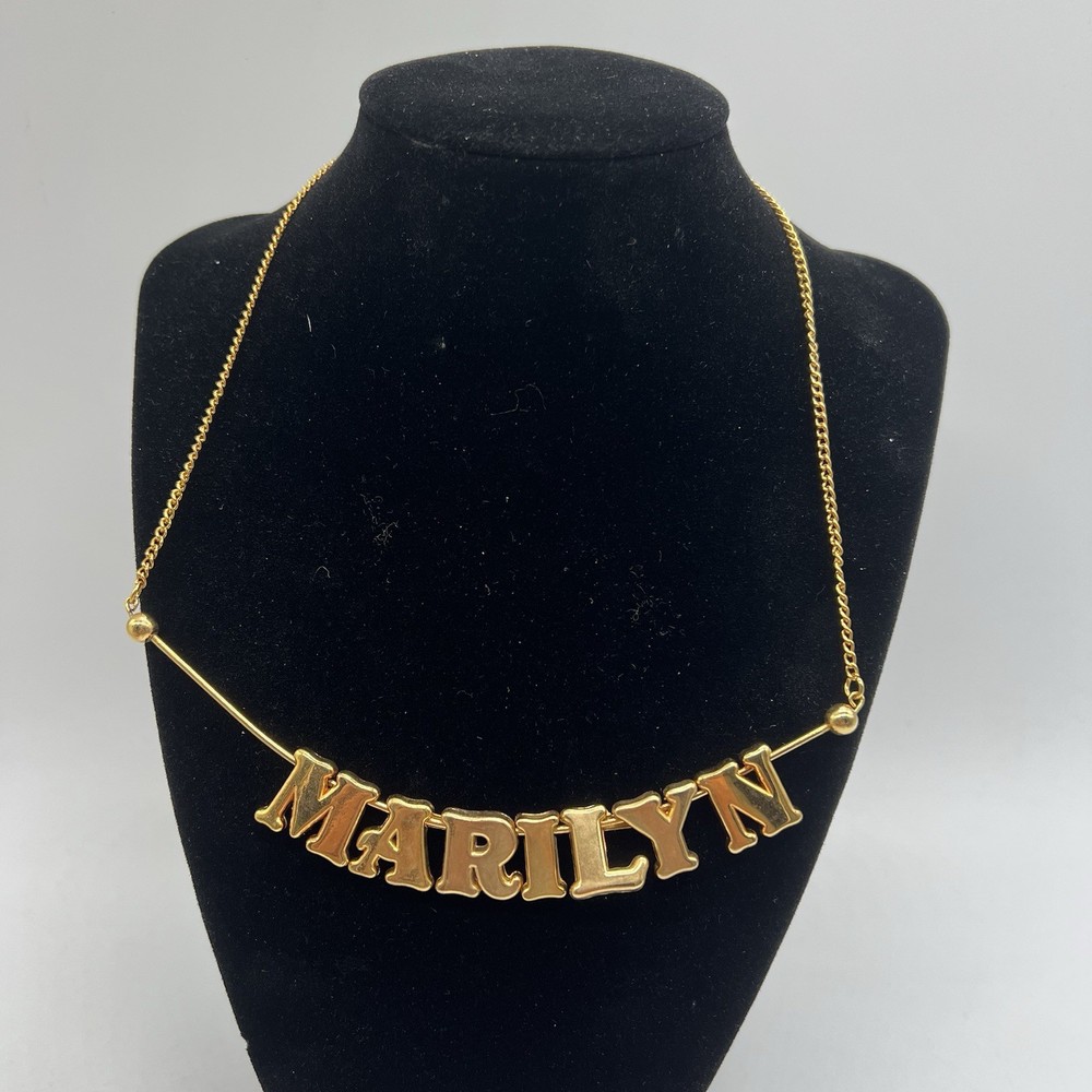 Y2K Marilyn Nameplate Necklace Gold Tone Chain 2000s Personalized Jewelry