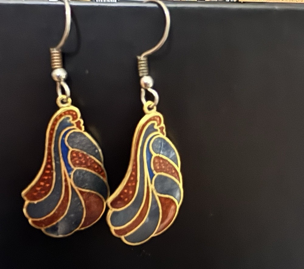 Vintage Cloisonne Enamel Dangle Earrings Red Blue Feather Design