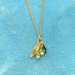 Pretty Vintage 12k Gold Filled Floral Leaf Pendant, Emerald-Glass, Peridot-Glass