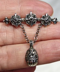 Vintage 925 Sterling Silver Marcasite Floral Bar Brooch w/Pendant Estate Find