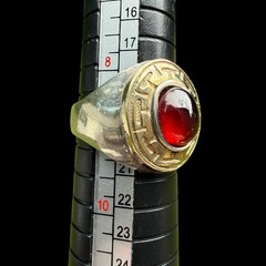 Sz 9 VTG Chateau d’Argent 14k & 925 Greek Key Red Cabochon Signet Ring 8.25g TW