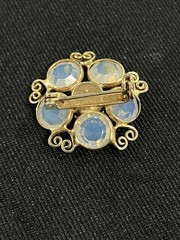 Vintage Opalite Glass Brooch Gold Tone Blue Moonstone Style Rhinestones