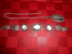 VTG Mother Of Pearl Filagree Silver Floral Link Panel Bracelet &Matching Pendant