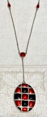 1930s Art Deco ORANGE/BLACK Enamel Checkerboard Sterling Locket Necklace~GERMANY