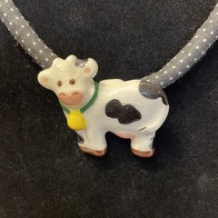 Vintage Flying Colors Ceramic Cow Pendant Statement Necklace 30 in Spotted Cord
