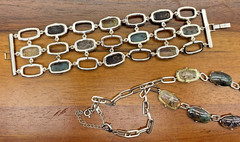 Monet Multi Colored Cabochon Necklace with Wide Chunky Bracelet Silver Tone Set