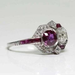 Art Deco Style Lab Created Diamond & Red Ruby Wedding 14k White Gold Finish Ring