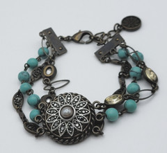 Vintage Charm Chain Bracelet Brass-Tone Crystal Faux-Turquoise And Pearl 8.5 In