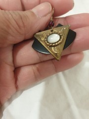 Vintage unsigned Geometric Copper And Brass Blue With Glass Or Opal Stone?