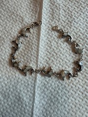 Vtg 925 Sterling Silver Sz 7.5”-6g MOP Dolphin Bracelet!