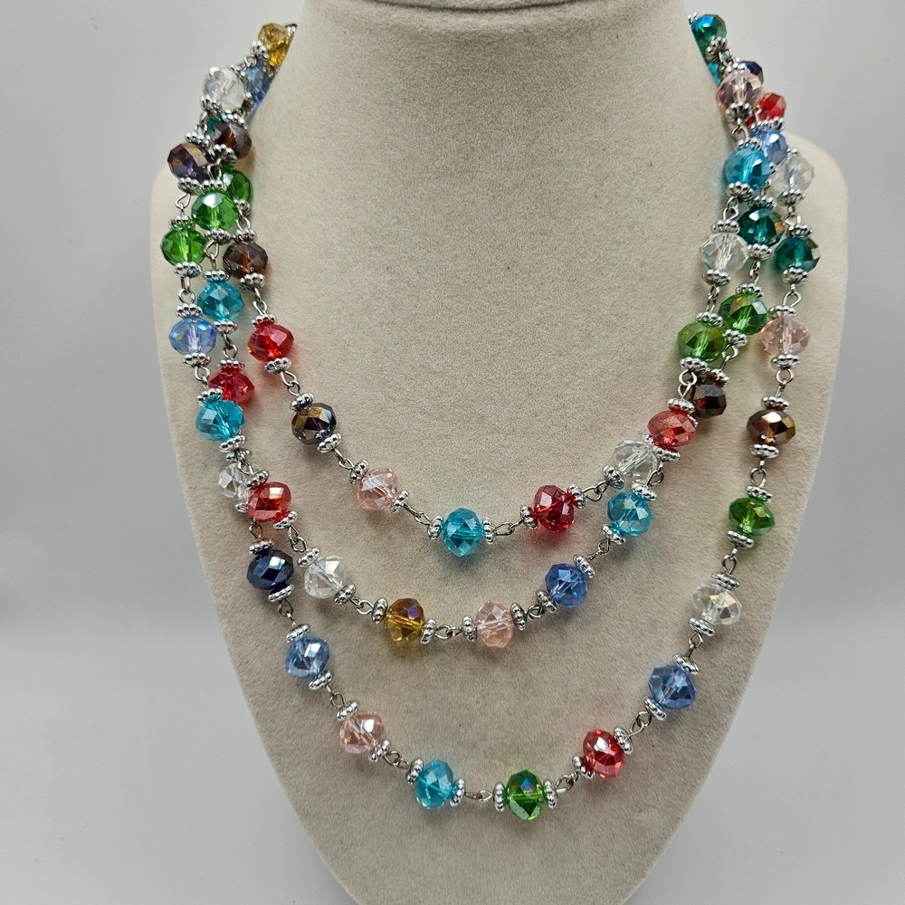 VINTAGE Premier Designs Jubilee Multicolor Faceted Bead 58″ Strand Necklace