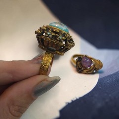 Vintage Gold Tone Cocktail Ring Set Teal, Faux Opal Sarah Coventry & Fire Flower
