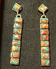 Vintage Sterling Silver Multicolor Drop Earrings 8 Rectanges &1 Rombus Shape 2″L