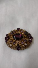 Vintage Germany Garnet/Amerhyst Rhinestone Filigree Brooch W/ Earrings