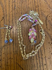 Vtg VCLM Victorian multi Stone Necklace Set W Earrings Gold Tone Quality Pink