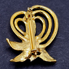 Heart Modernist Abstract Faux Pearl Rhinestone Open Metal Gold Tone Brooch Pin