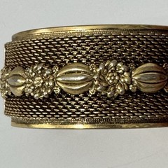 Wide Brass Gold Tone Victorian Revival Style Floral Bangle Hinged Cuff Bracelet