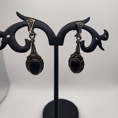 FAS Vintage Deco Sterling Silver Black Onyx Marcasite Dangle Drop Earrings 925