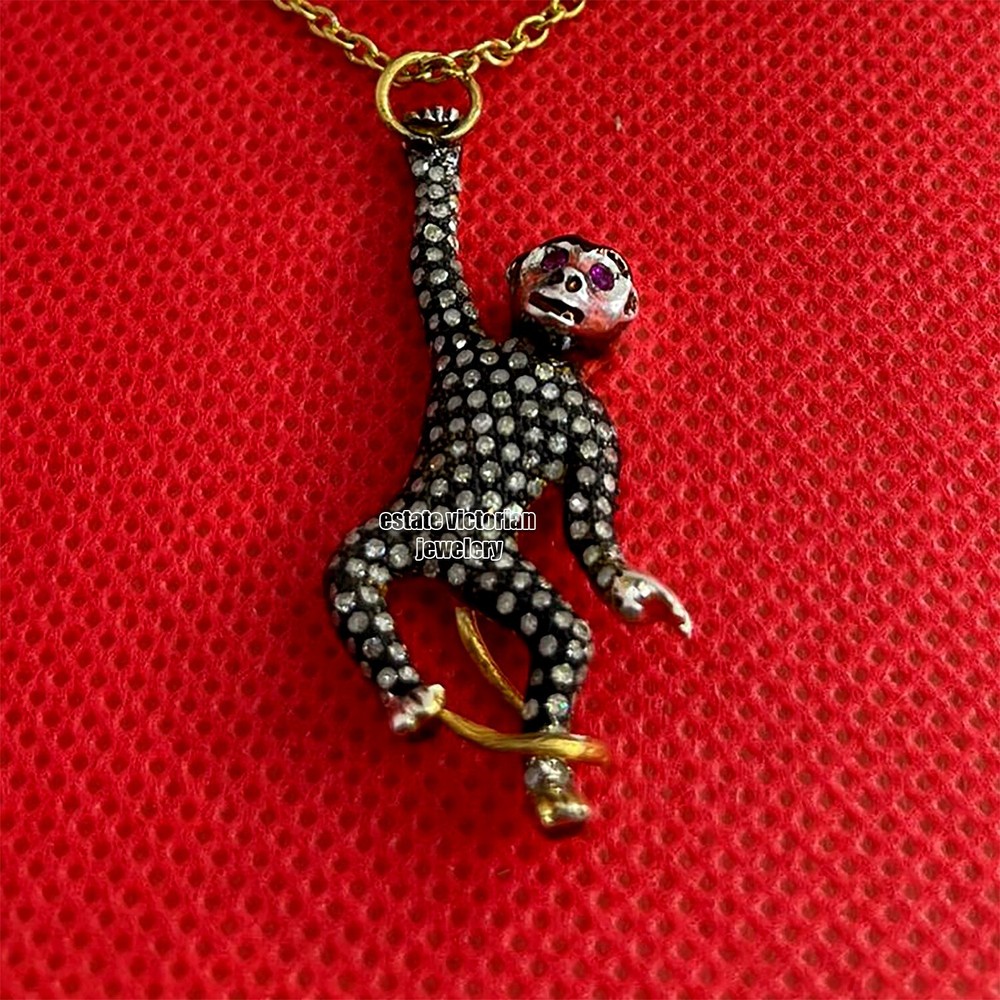 1.35ctw Rose Cut Diamond Ruby Silver Victorian Stunning Monkey Pendants Jewelry