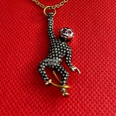 1.35ctw Rose Cut Diamond Ruby Silver Victorian Stunning Monkey Pendants Jewelry