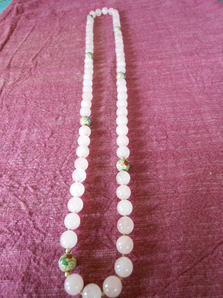 Rose Quartz Necklace with Cloisonne Beads Hand Knotted-Yes