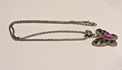 Vtg Butterfly Purple Howlite,Red Ab Crystals ,Plated Silver Tone Metal Necklace