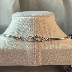 Modernist Blue Bead Necklace Silver Tone Curved Bar Sculptural Statement