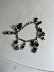 Gold Tone Chain Bracelet with Beaded Dangle Charms Black and White Unbranded VTG