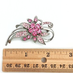 Vtg 1940s 1950s Silver Tone Pink Rhinestone Floral Pin Brooch 2.25″