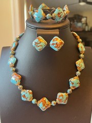 VTG Made In Italy Venetian Glass Turquoise Blue Aventurine 3-Piece Jewelry Set –