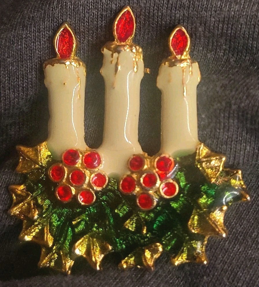 Vintage Enamel Christmas Holiday Candle Brooch Pin White Red & Green