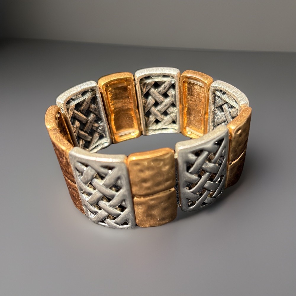 Mixed Metal Stretch Bracelet Copper And Silver Tone