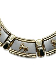 Greco Roman Revival Two Tone Silver Gold Horse Bar Link Collar Necklace Wide VTG
