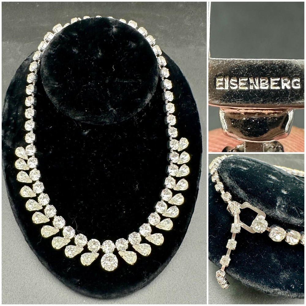 Vintage EISENBERG Silver-tone Clear Rhinestone Necklace Jewelry 16″ Adjustable