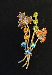 Vintage Austria Rhinestone Flower Spray Brooch Topaz Green Blue Gold Tone Signed